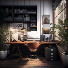 Wall Mural - Home office desk workspace with laptop, big windows Modern loft Scandinavian interior design concept. Freelancer's workspace. Generative AI