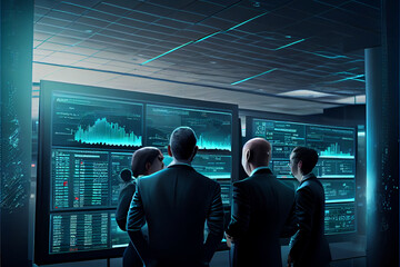 group of financial managers analysing graph screen in office. Stock traders on business meeting in office. Ai Generated illustration.