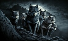 Illustration, Pack Of Wolves In Full Moon, Image Generated By AI