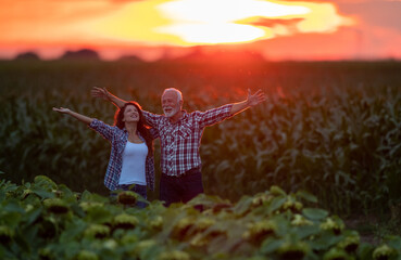 Sticker - Happy farmers in sunflower field at sunset