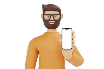 Wall Mural - Cartoon character man pointing show blank screen smartphone, app presentation, 3D rendering.