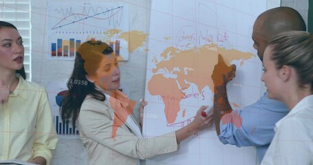 Poster - Animation of world map with data processing over diverse business people having meeting at office