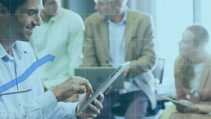 Poster - Animation of multiple graphs over smiling caucasian businessman using digital tablet in office