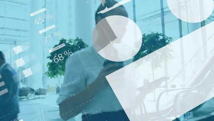 Poster - Animation of infographic interface over caucasian woman with coffee and cellphone walking in office