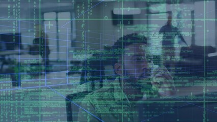 Poster - Animation of lines with data processing over diverse business people at office