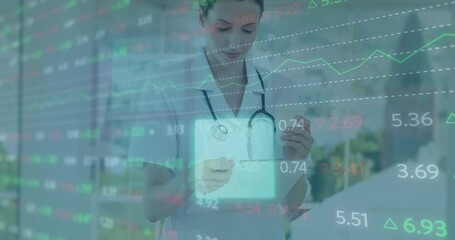 Poster - Animation of financial data processing over caucasian female doctor at hospital