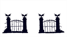 Old Fence Of Cemetery. Halloween Decoration. Black Silhouette Of Gloomy Wall.