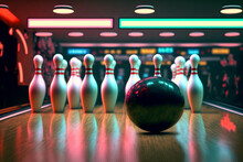 Bowling Game. Bowling Pins And Ball. 3D Render Illustration.