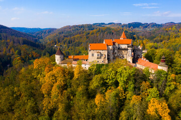 Wall Mural - Scenic aerial view of historical medieval Pernstejn castle, Czech Republic