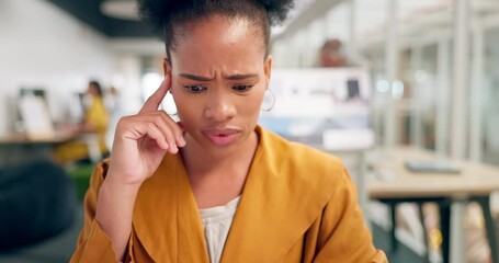 Wall Mural - Headache, stress and burnout business woman in office reading financial, finance or company budget. Fatigue, worry and confused corporate black woman with report fail, mistake or error in bookkeeping