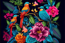 Tropical Exotic Pattern With Parrots And Flowers In Bright Colors, Generative AI