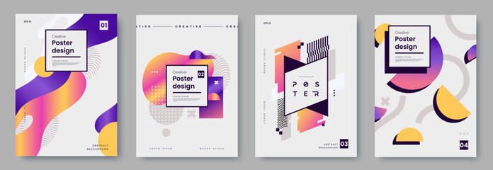 Poster - Set of poster design with abstract colorful geometric graphics and place for text. Modern banner template with vibrant shapes and glitchy graphic elements. Ideal for cover, invitation, flyer.