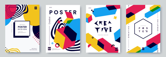 Poster - Abstract creative poster collection with colorful geometric shapes and graphics on white backdrop. Set of bright colorful artistic banners with place for text. Youth style backgrounds. Vector eps 10