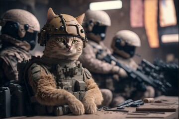 Wall Mural - Cat as a soldier of the Ukrainian army created with generative AI technology