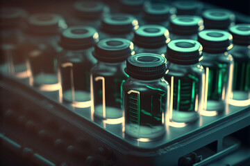 Small bottles on a hospital tray, in a lab with blue green lighting. Generative AI illustration