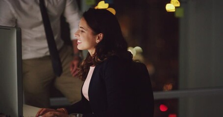 Aufkleber - Computer, night and collaboration with a manager and woman employee working together on a deadline. Business, overtime and teamwork with a mature male supervisor coaching a female worker at work