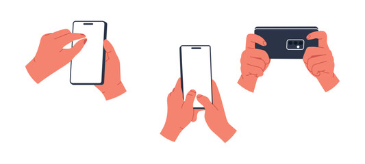hand holding phone. Empty screen, phone mockup. advertisement mobile . Isolated vector illustration