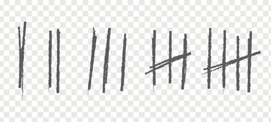 Line or sticks doodle with brush strokes crossed out. Simple mathematical count visualization, prison or jail wall counter, tally marks. Isolated vector illustration