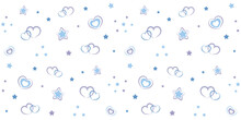 Seamles Pattern With Cute Blue Hearts And Stars Isolated On White Background. Vector Illustration For Wrapping Paper, Decor, Cards, Backgrounds, Textile. Print Design Textile For Kids Fashion. 