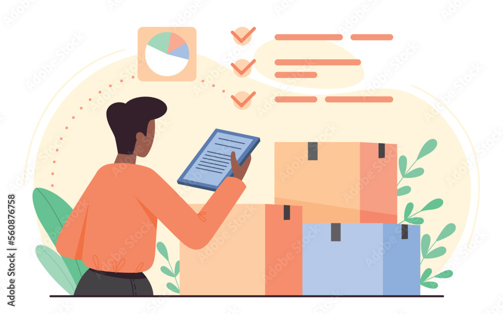 Sticker Inspection Scan Cartoon Product inspection concept. Man with tablet stands near cardboard boxes ...