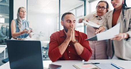 Aufkleber - Business man, multitasking and stress with burnout and overworked manager, mental health and frustrated in workplace. Tired businessman at desk, laptop and paperwork with employees and overwhelmed