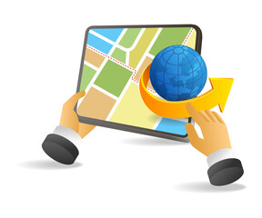 Poster - Flat 3d concept isometric illustration holding earth on tablet