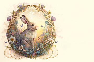 Wall Mural - Easter bunny with flowers watercolor, Generative AI