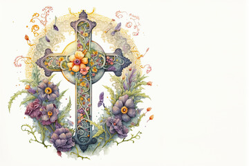Wall Mural - Cross surrounded by flowers oval easter watercolor, Generative AI