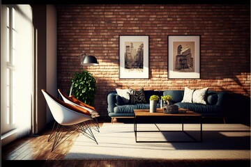 Wall Mural - Modern design of a brick walled interior living room. Generative ai