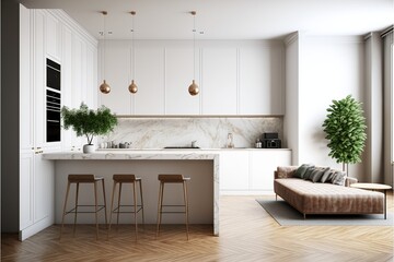 Wall Mural - Modern black and white stylish kitchen with living room interior design. Generative ai 