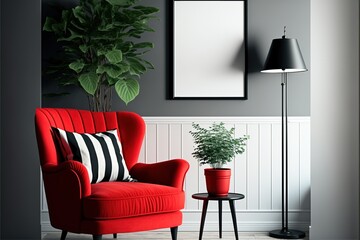 Wall Mural - Contemporary sitting room design with red armchair. Generative ai