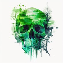 Green Skull. Double Exposure Watercolor Skeleton Head. Halloween Concept. Generative AI