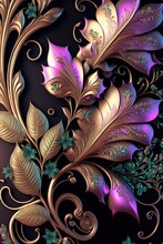 Ornate Pattern And Abstract Flowers And Vines In Gold And Iridescent Southern Lights Generative Ai Background