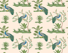 Exotic Chinoiserie Peacock Seamless Pattern. Repeating Design Element For Printing On Fabric. Asian Flora And Fauna. Bird With Long Legs And Beak Next To Bamboo. Cartoon Flat Vector Illustration
