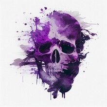 Purple Skull. Double Exposure Watercolor Skeleton Head. Halloween Concept. Generative AI