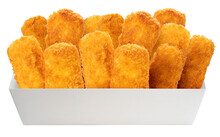 Fried Fish Sticks In Paper Bucket On White, Fried Fish Fingers On White Background PNG File.