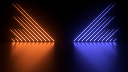 Fototapete - Sci Fy neon glowing lamps in a dark hall. Reflections on the floor. Empty background in the center. 3d rendering image. Abstract glowing lines. Techology futuristic background.