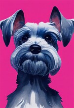 Funny Adorable Portrait Headshot Of Cute Doggy. Miniature Schnauzer Dog Breed Puppy, Standing Facing Front. Looking To Camera. Watercolor Imitation Illustration. AI Generated Vertical Artistic Poster.