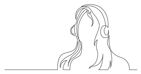 Wall Mural - continuous line drawing of long hair woman listening music in headphones - PNG image with transparent background