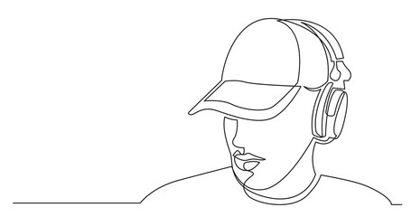 Canvas Print - continuous line drawing of young man in hat listening music in headphones - PNG image with transparent background