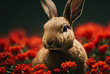 Leinwanddruck Bild - rabbit on background of red flowers symbolizing chinese lunar new year, the year of the rabbit. Generative AI