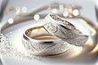 Silver wedding rings with sparkling background, ai generative illustration.