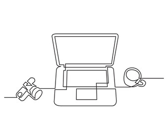 Leinwandbilder - continuous line drawing camera laptop coffee 2 - PNG image with transparent background