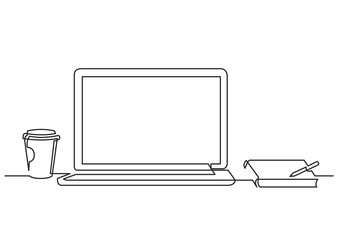Poster - continuous line drawing laptop computer coffee notepad - png image with transparent background