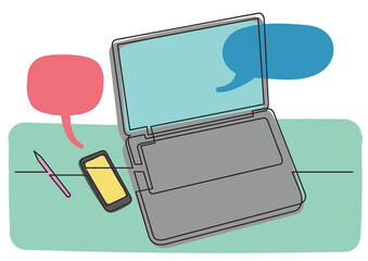 Poster - continuous line drawing laptop computer mobile phone pencil 2 colored - png image with transparent b