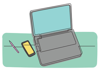 Poster - continuous line drawing laptop computer mobile phone pencil 3 colored - png image with transparent b