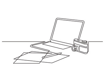 Poster - continuous line drawing laptop computers notepad photo camera - png image with transparent backgroun