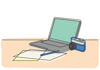 Poster - continuous line drawing laptop computers notepad photo camera 3 colored - png image with transparent
