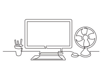 Poster - continuous line drawing work desk computer cooling fan - PNG image with transparent background