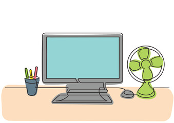Poster - continuous line drawing work desk computer cooling fan 3 colored - png image with transparent backgr